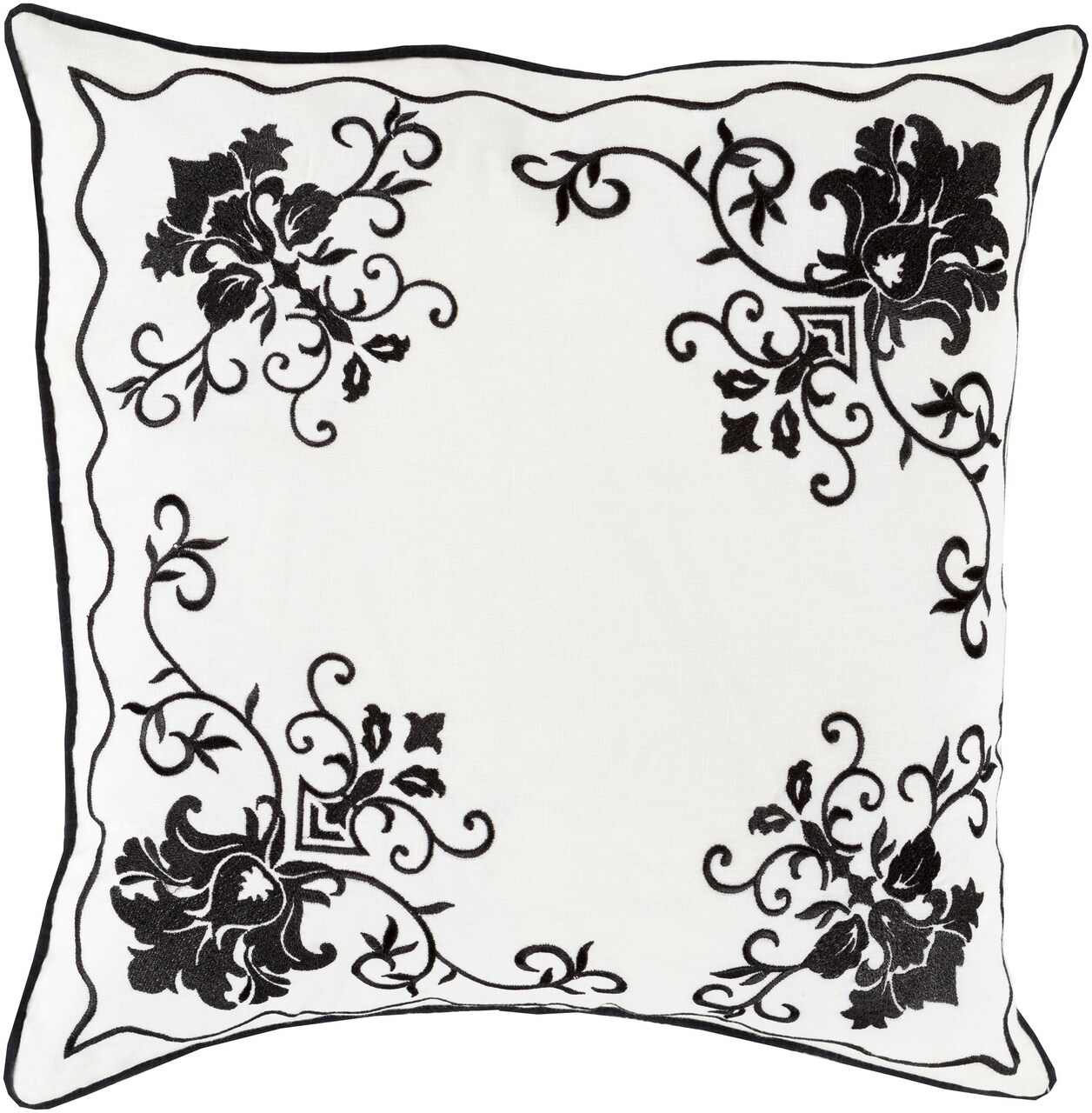 Diva At Home 18" White and Black Floral Decorative Square Throw Pillow - Down Filler